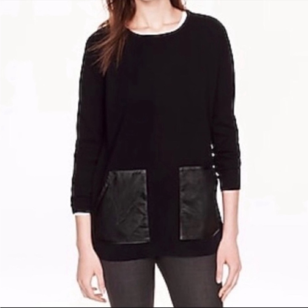 J. Crew 100% Wool Sweater with Leather Pockets Black